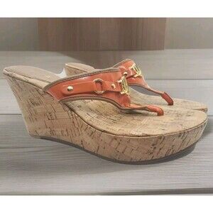 Women's Cork Wedge Sandals Sz 8.5  Leather Thong Slide Orange Brown